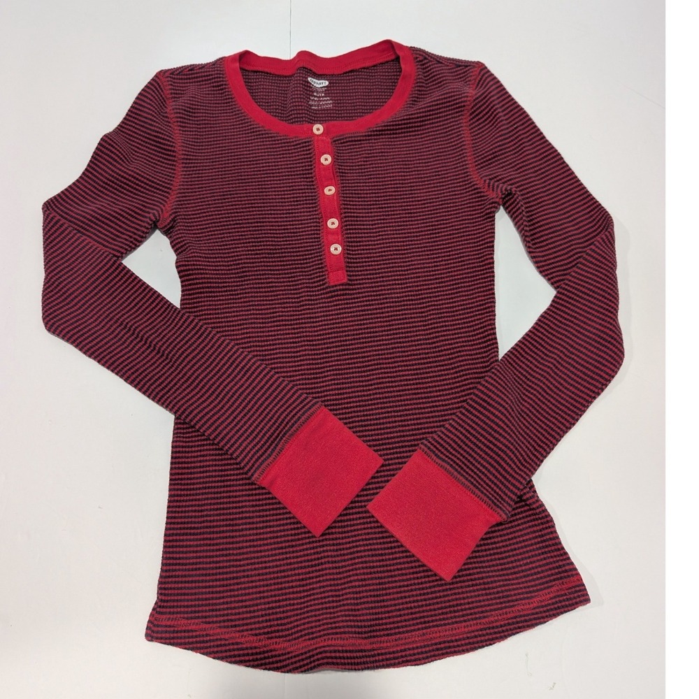 Old Navy Womens XS Red Navy Blue Striped Waffle Knit Henley Long Sleeve Top Y2K